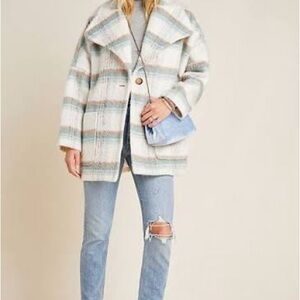 Anthropologie Elsa Womens Cream Plaid Button-Front Coat